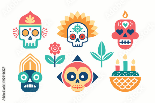 Colorful minimalist dia de los muertos icons for festive and creative designs