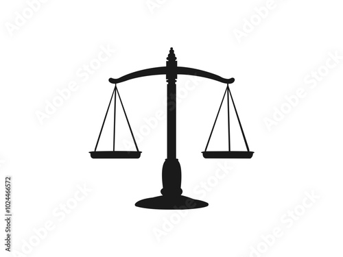 Balance scales black icon. Judge scale silhouette icon trade weight and legal court symbol. Black justice scales icon. Law balance symbol. Libra in flat design. Vector illustration in flat style.