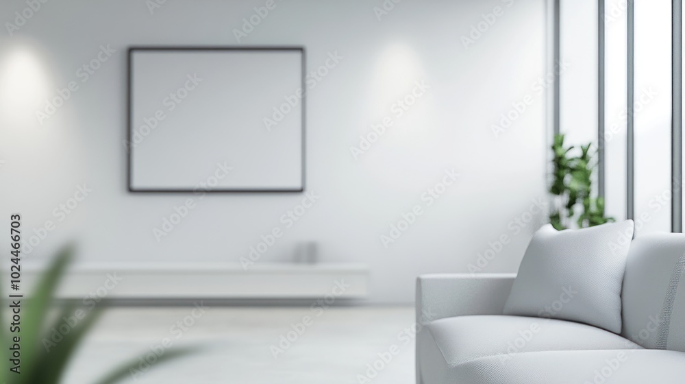 A minimalist interior featuring a white couch and blank wall, ideal for a serene atmosphere. A minimalist interior featuring a white couch and blank wall, ideal for a serene atmosphere.