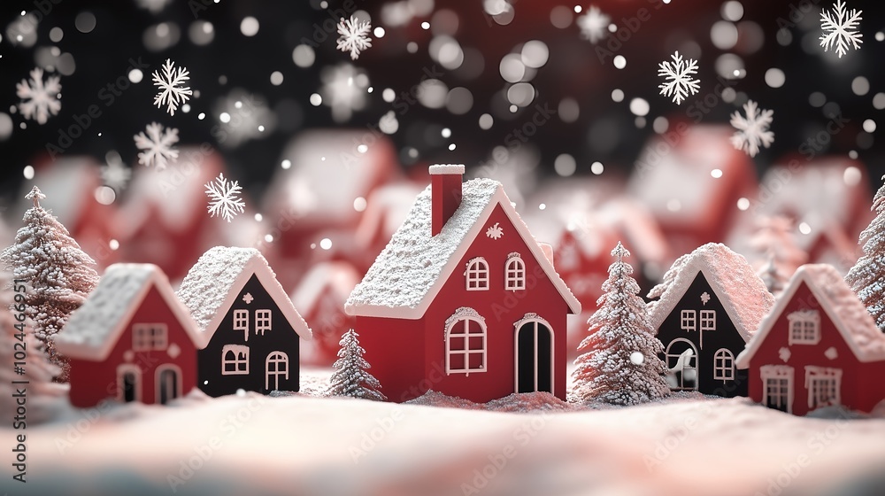 Snowy Christmas Village with Red and Black Houses - Winter Holiday Stock Image Snowy Christmas Village with Red and Black Houses - Winter Holiday Stock Image