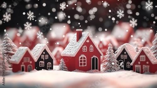 Snowy Christmas Village with Red and Black Houses - Winter Holiday Stock Image