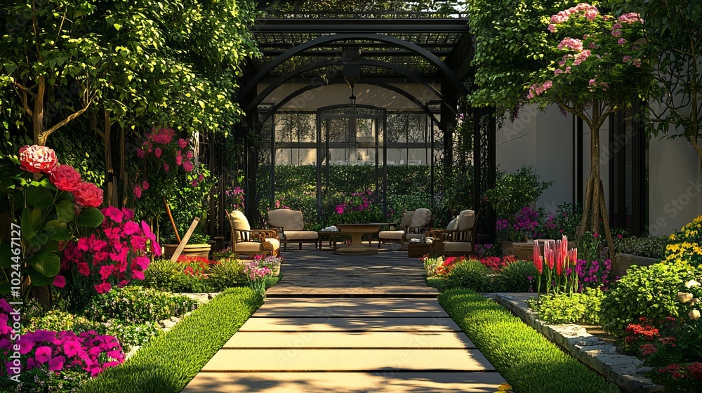 Obraz premium Vibrant blooms and gleaming gardening implements adorn the open-air terrace, creating a picturesque oasis amidst the verdant garden.