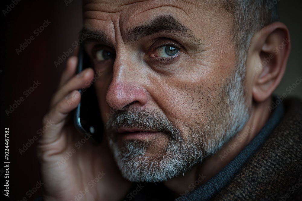 Phone To Ear. Closeup Portrait of Mature Man Holding Smartphone to Ear Phone To Ear. Closeup Portrait of Mature Man Holding Smartphone to Ear