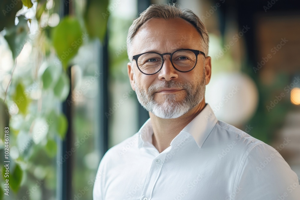 A mature man with glasses and a neatly trimmed beard stands confidently indoors A mature man with glasses and a neatly trimmed beard stands confidently indoors