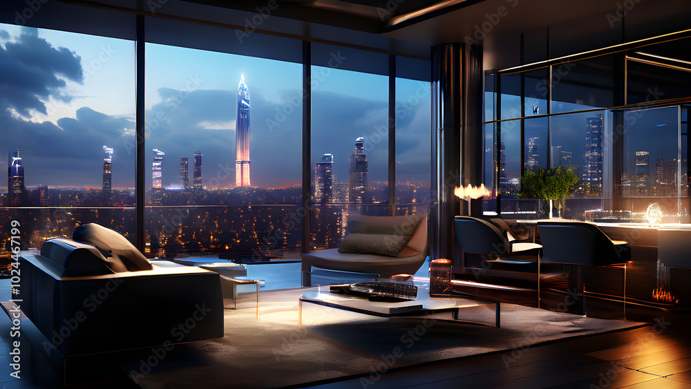 luxury architecture house, 3d interior of contemporary art deco living dining room, modern expensive designer furniture, big glass windows, city skyline skyscraper, landmark tower background.