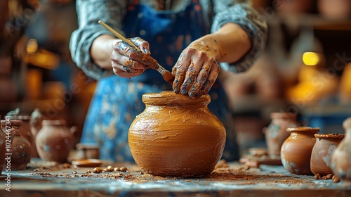 Hands shaping clay pottery on a spinning wheel in an artisan workshop