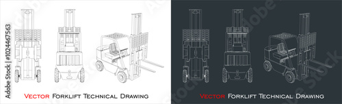 Vector forklift line blueprint wireframe technical drawing