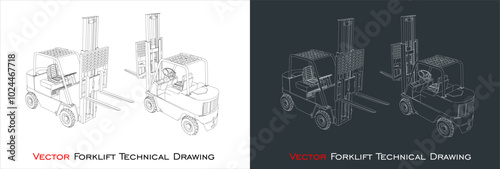Vector forklift line blueprint wireframe technical drawing