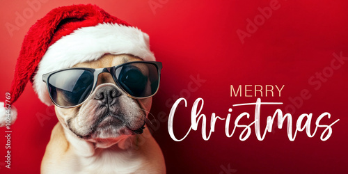 Merry Christmas concept holiday vacation winter animal pet greeting card with text - Cool french bulldog dog with sunglasses and santa claus hat, isolated on red background