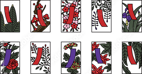 赤短青短のカラーシンプル花札アイコンセット