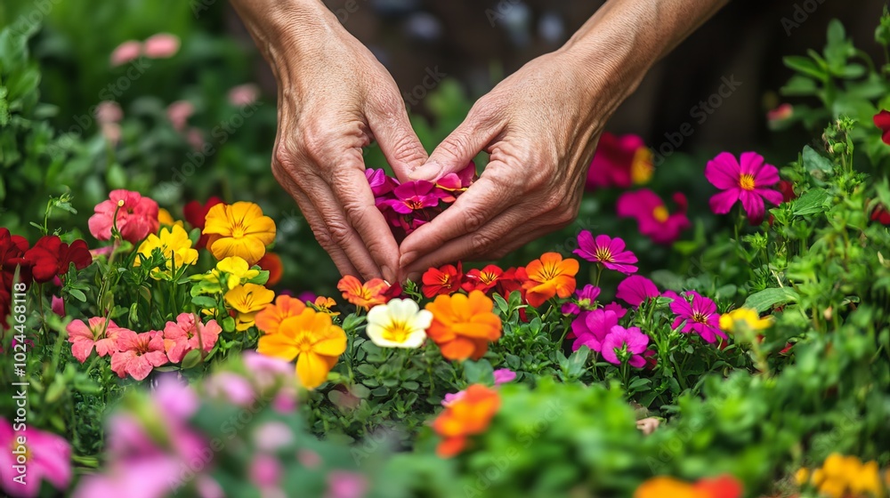 With diligent care, a gardener's hands gently nurture vibrant blooms, transforming a backyard into a canvas of living art. With diligent care, a gardener's hands gently nurture vibrant blooms, transforming a backyard into a canvas of living art.