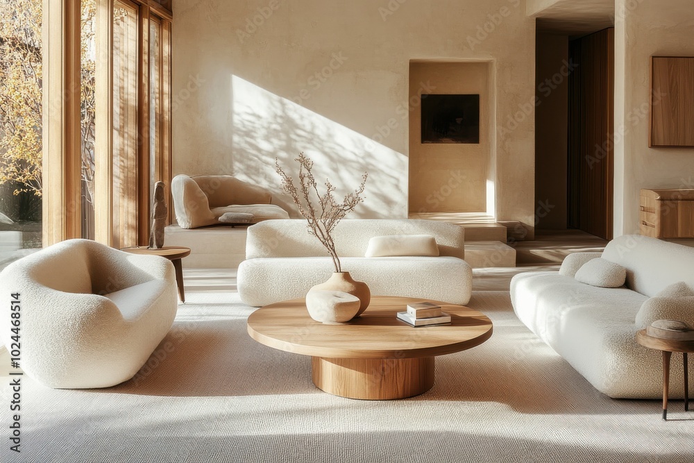 A minimalist, neutral-toned living room with modern furniture, including two beige sofas A minimalist, neutral-toned living room with modern furniture, including two beige sofas