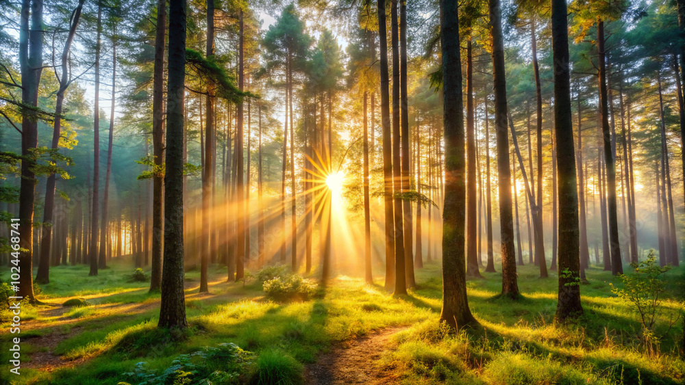 Naklejka premium morning in the forest. forest, autumn, trees, nature, landscape, fall, tree, sun, woods, park, path, light, misty, foliage, leaves, fog, mist, wood, green, leaf, season, yellow, sunlight, woodland, fo