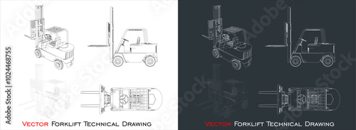 Vector forklift line blueprint wireframe technical drawing
