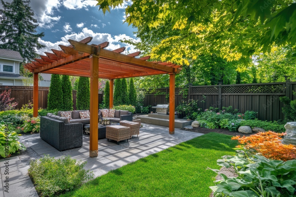 A modern backyard patio with a wooden pergola providing shade over a comfortable seating area