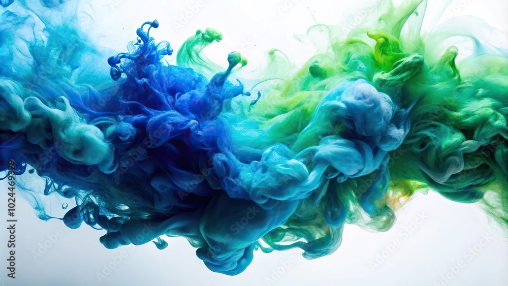 Macro abstract blue and green ink wash river on white background Macro abstract blue and green ink wash river on white background