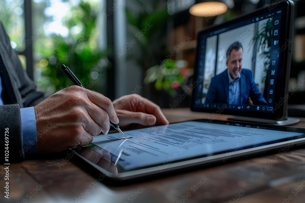 Fototapeta premium Engaging in a virtual meeting while reviewing documents on a tablet