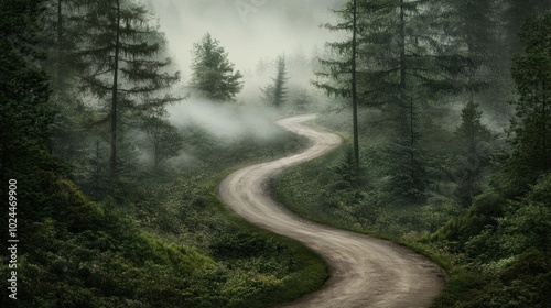 A winding road through a misty forest, evoking a sense of tranquility and adventure.