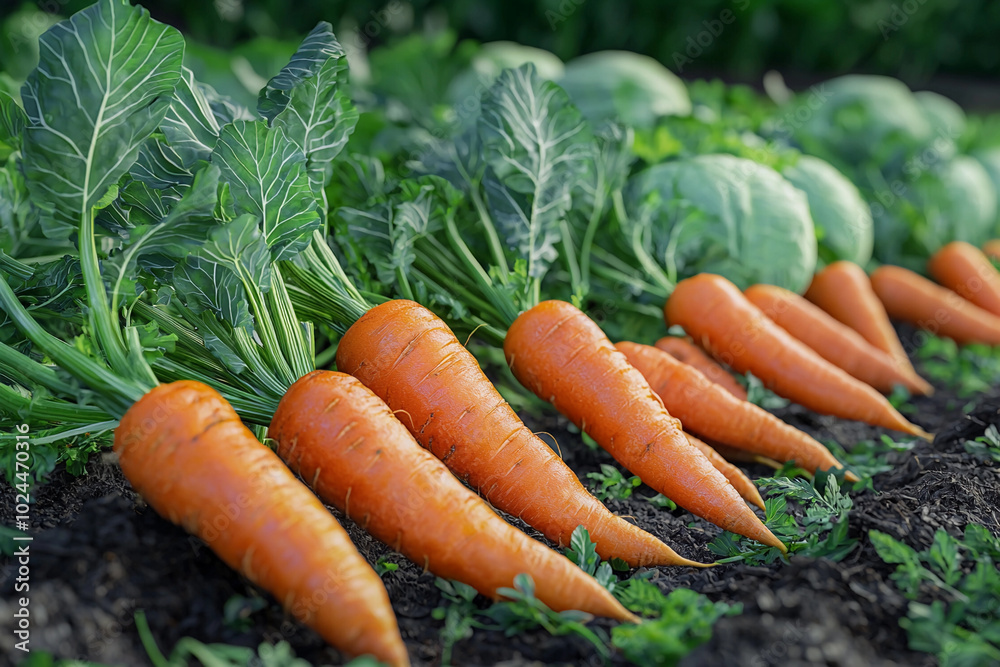 Freshly harvested carrots and cabbages in a vibrant vegetable garden Freshly harvested carrots and cabbages in a vibrant vegetable garden