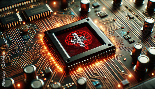 Microchip with an Switzerland flag and brain symbol on a circuit board, representing technological advancement, artificial intelligence, and digital innovation