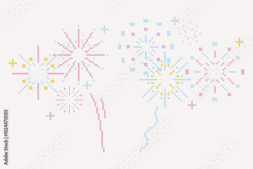 Pixel 8 bit pastel simple flat line fireworks collection. Minimal cute illustration isolated background. Design concept for holiday banner, celebration, poster, greeting card, decorative elements