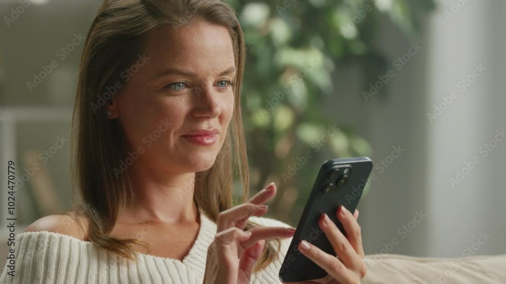 Woman sits on a couch, smiling while browsing on a smartphone. The scene captures a slow motion montage of six frames, showcasing a relaxed and cheerful moment at home