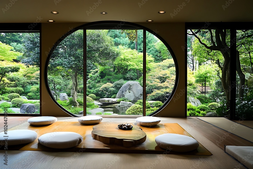 Fototapeta premium Japanese Zen Garden View Through a Circular Window in a Modern Home.