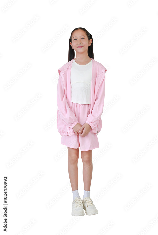 Portrait Asian young girl child in sport clothes stand holding hands isolated on white background.