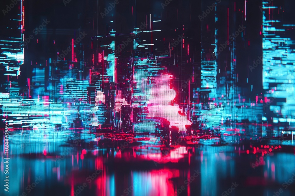 Abstract Digital Cityscape with Glitching Lights and Reflections Abstract Digital Cityscape with Glitching Lights and Reflections
