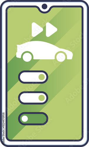 Illustration of a carsharing app interface on a smartphone, featuring a car icon and toggle switches.