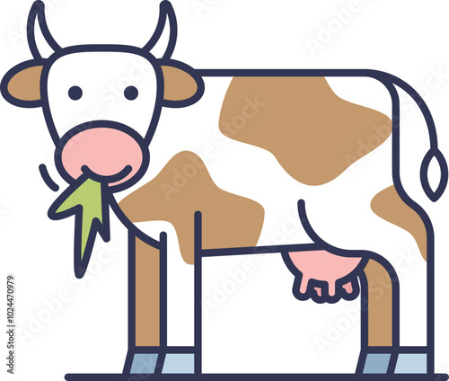 Cartoon cow eating grass, symbolizing agriculture and dairy farming.