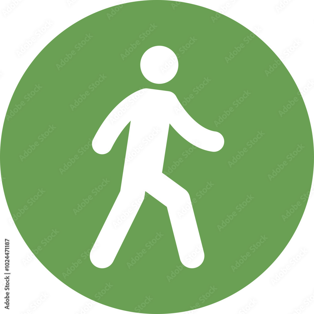Green circle with white pedestrian symbol, indicating a walking area or pedestrian zone. Green circle with white pedestrian symbol, indicating a walking area or pedestrian zone.