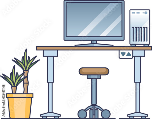 Illustration of a home office with a standing desk, monitor, computer, stool, and plant, symbolizing ergonomic workspace.