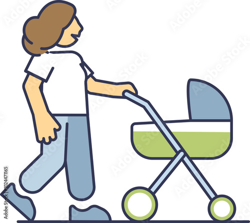 Illustration of a person pushing a baby stroller, symbolizing parenting and childcare.