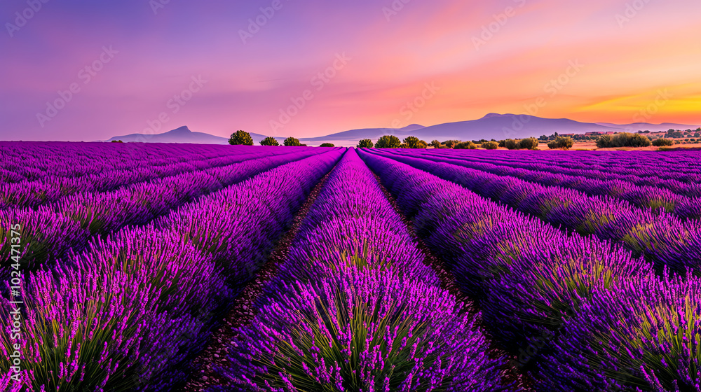 Fototapeta premium Lavender fields at sunset under colorful sky