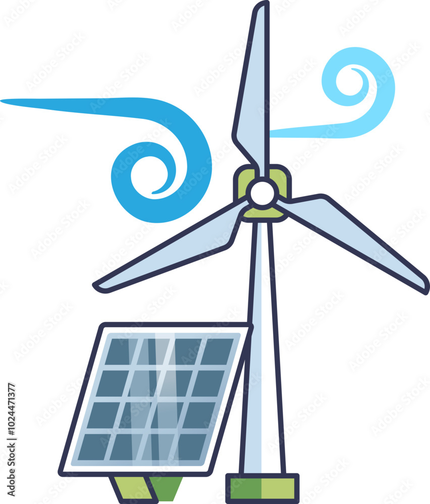 Illustration of wind turbine and solar panel symbolizing renewable energy.