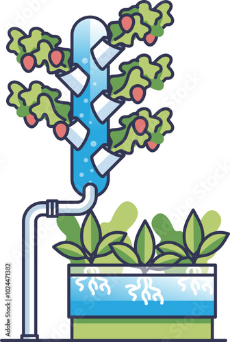 Vertical aquaponics system with plants and water tank.