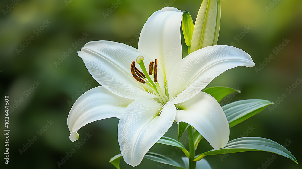 White lily flower with green leaves White lily flower with green leaves