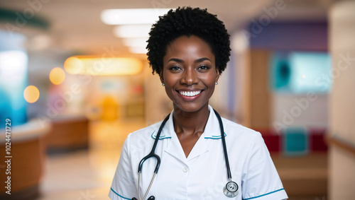 Giovane medico o infermiera donna di origini afro americane sorride in ospedale