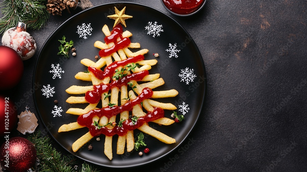 A creative holiday-themed plate featuring fries arranged like a Christmas tree, garnished with ketchup and decorative elements. A creative holiday-themed plate featuring fries arranged like a Christmas tree, garnished with ketchup and decorative elements.
