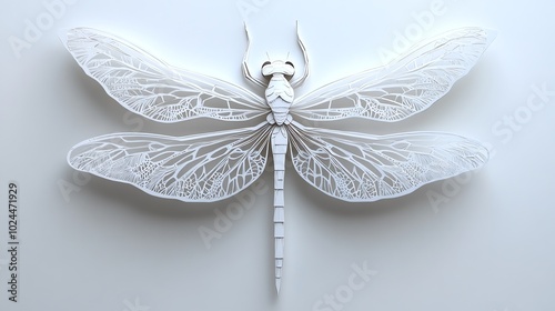 Symmetrical paper cut dragonfly with mirrored wings, finely detailed and layered, paper cut dragonfly, symmetrical nature decor