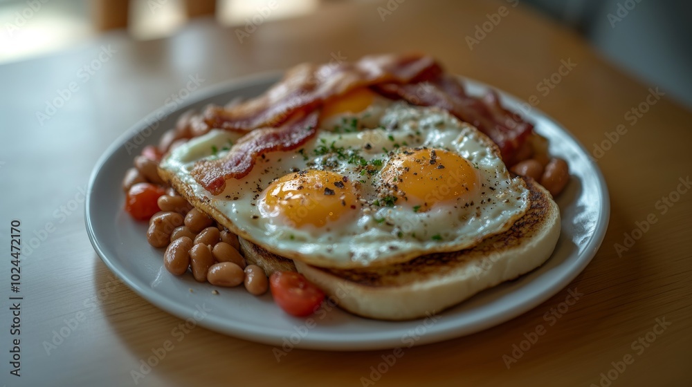 Un plato de desayuno inglés con huevos fritos, tocino, tostadas, frijoles y tomates cherry, servido sobre una mesa de madera.
Un plato de desayuno inglés con huevos fritos, tocino, tostadas, frijoles y tomates cherry, servido sobre una mesa de madera.
