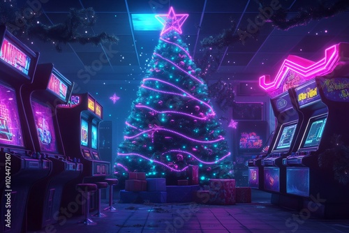 A vibrant scene featuring a Christmas tree adorned with neon lights, surrounded by arcade machines in a festive arcade setting.