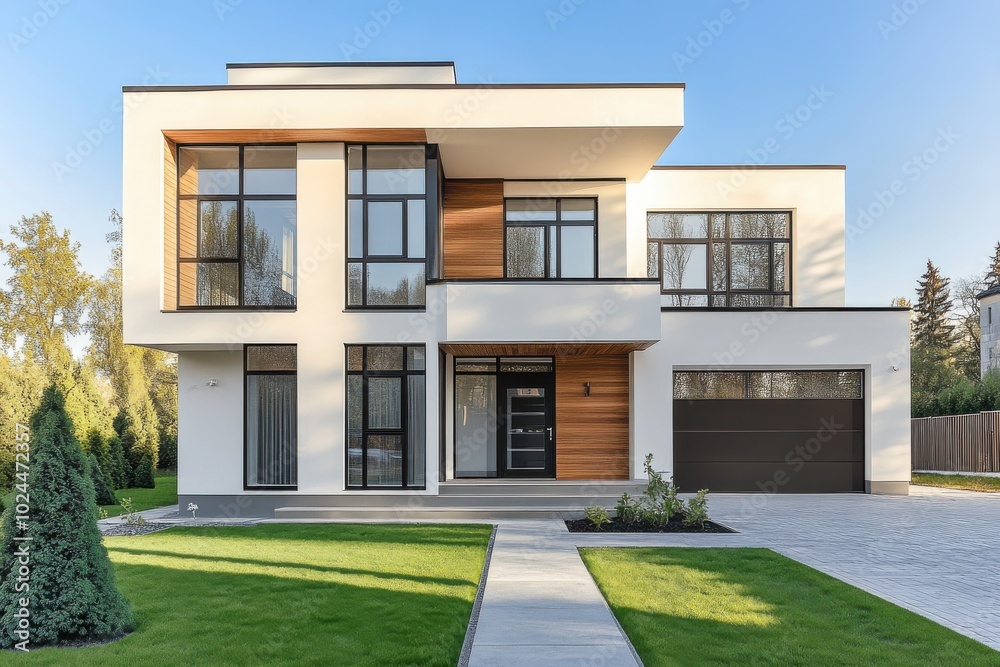 A modern two-story house with a minimalist design, featuring large windows and a sleek A modern two-story house with a minimalist design, featuring large windows and a sleek