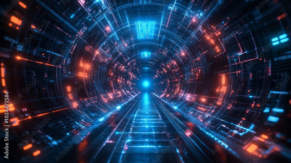 Obraz premium Futuristic neon tunnel with blue and orange glowing lines.