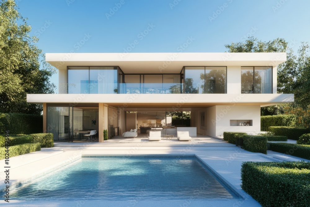 Fototapeta premium A modern, two-story house with a spacious outdoor pool and clean, white exterior