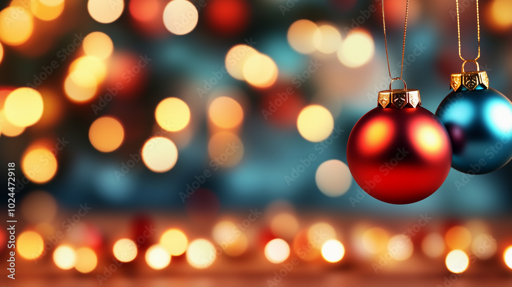 A close-up of a Christmas ornament reflecting holiday lights, set against a blurred festive background, with space for copy