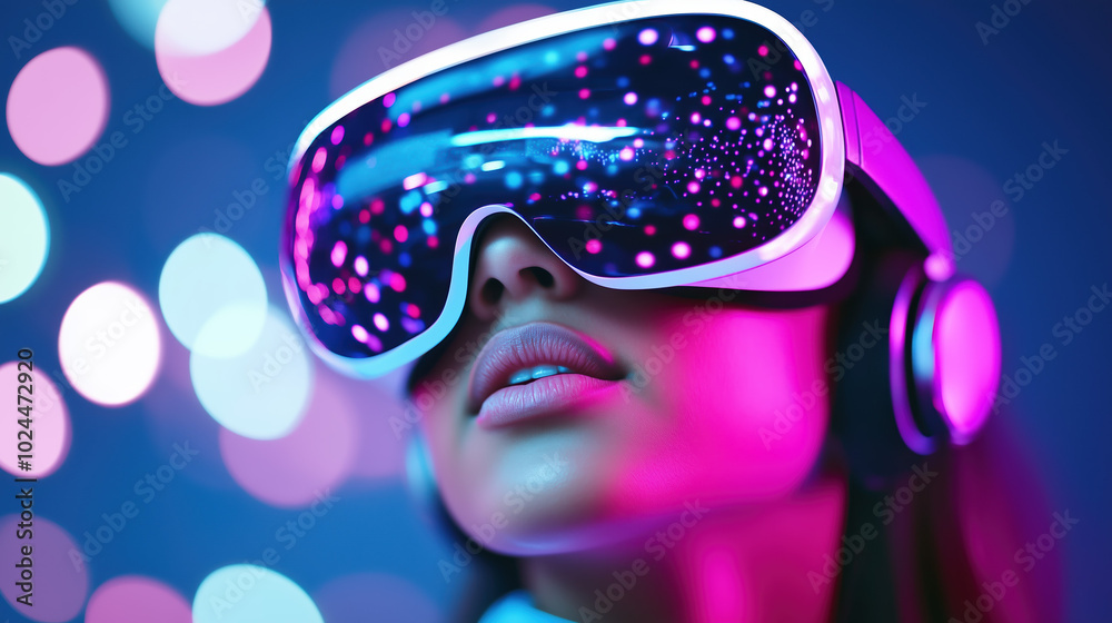woman wearing futuristic virtual reality goggles, immersed in vibrant digital world, showcasing technology and innovation. Her expression reflects curiosity and excitement woman wearing futuristic virtual reality goggles, immersed in vibrant digital world, showcasing technology and innovation. Her expression reflects curiosity and excitement