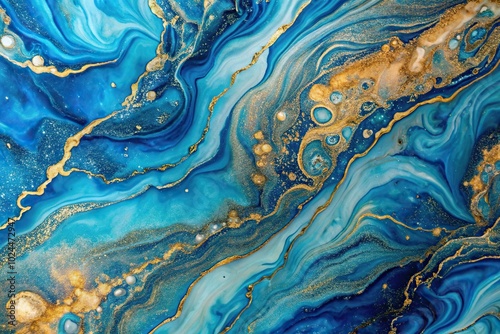 Macro blue abstract marbleized background with stunning paint and gold details