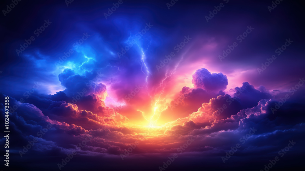 Fototapeta premium stunning display of vibrant colors fills sky as sun sets behind dramatic clouds, creating breathtaking scene of natures beauty and power